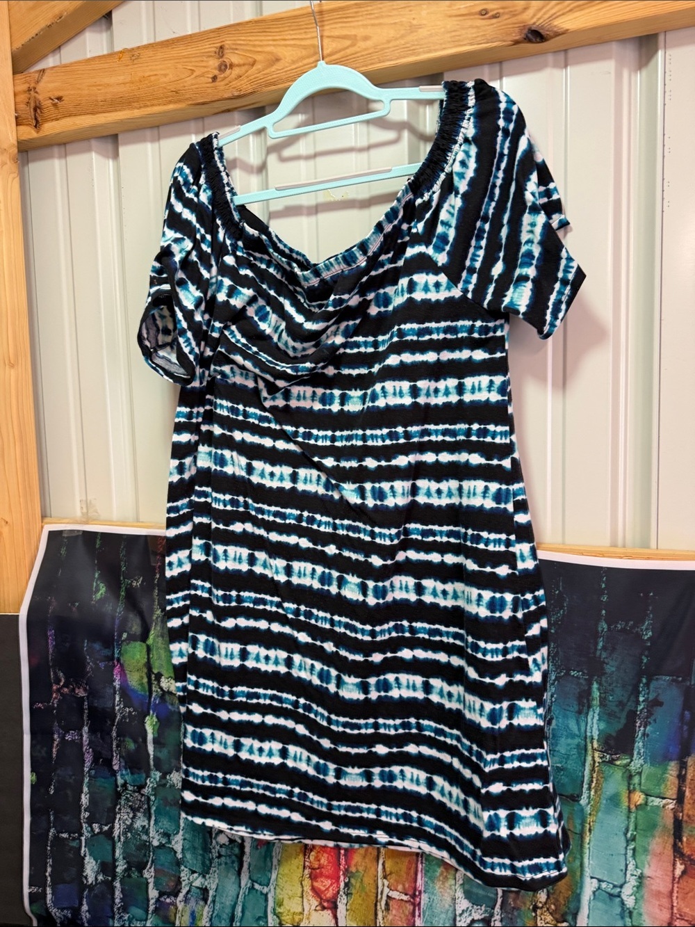 west loop Black and Teal Striped Tie-Dye Off-Shoulder Dress